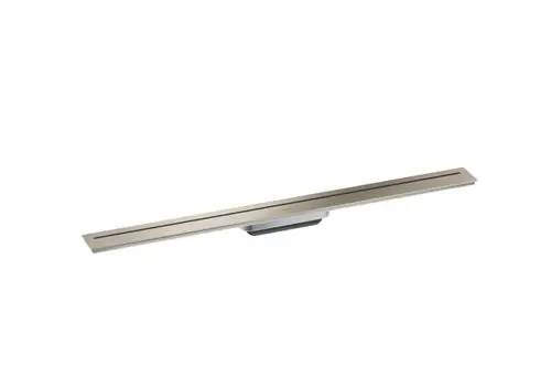 Duschrinne in gebürstetem Nickel-Design, der Hersteller ist AXOR. Die langgestreckte Form ohne sichtbare Abflussöffnungen bietet eine moderne Ästhetik für Badezimmer.